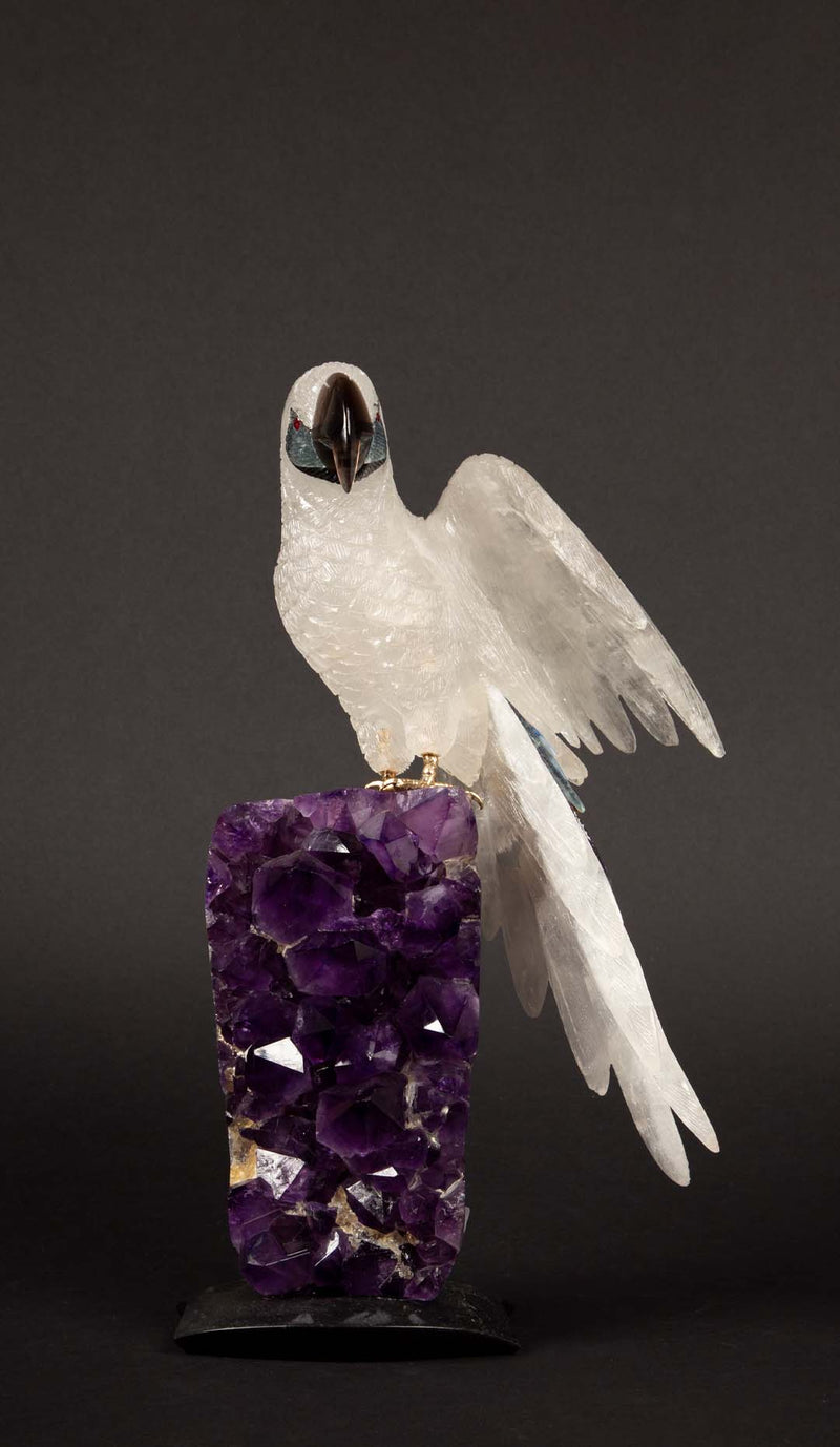 Carved Rock Crystal Parrot Mounted on an Amethyst Cluster 13"H