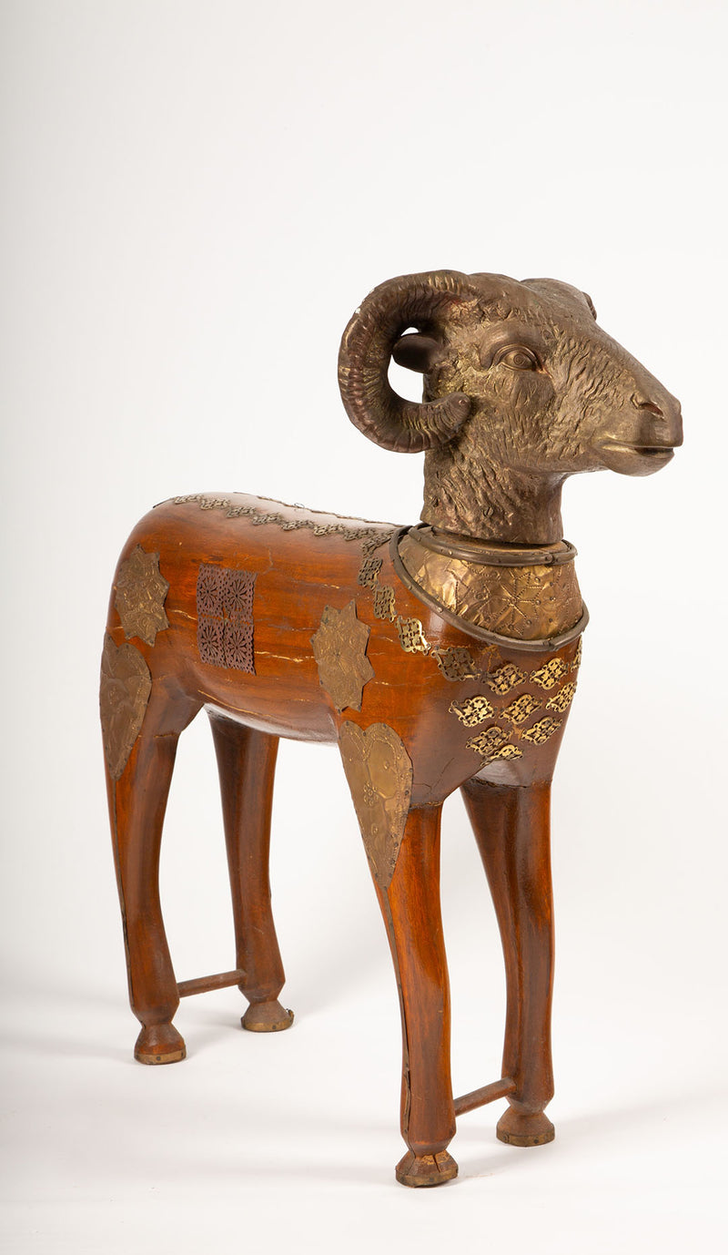 Majestic Indian Brass-Mounted Wooden Ram Sculpture