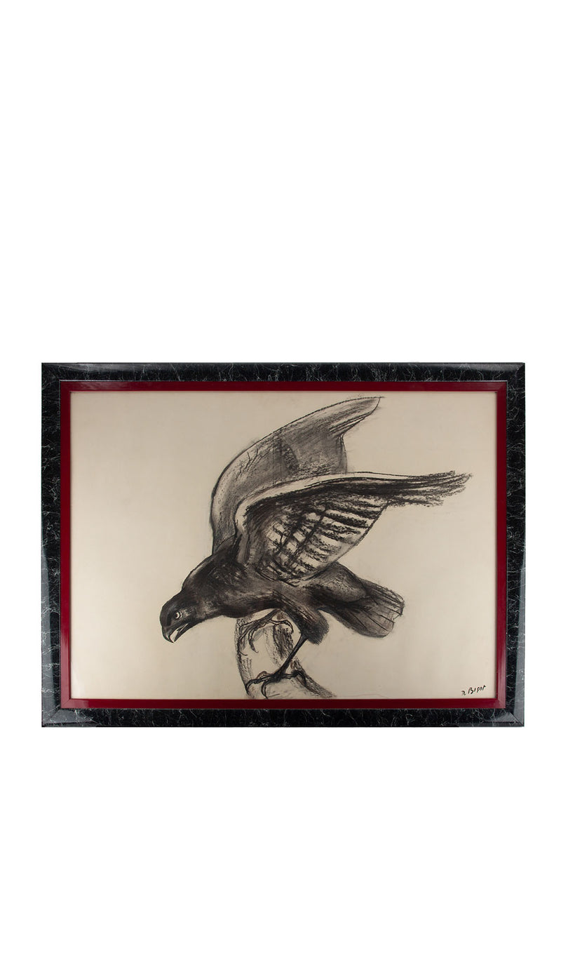 Raven in Motion: A 20th C. Charcoal Study Signed R. Bigot