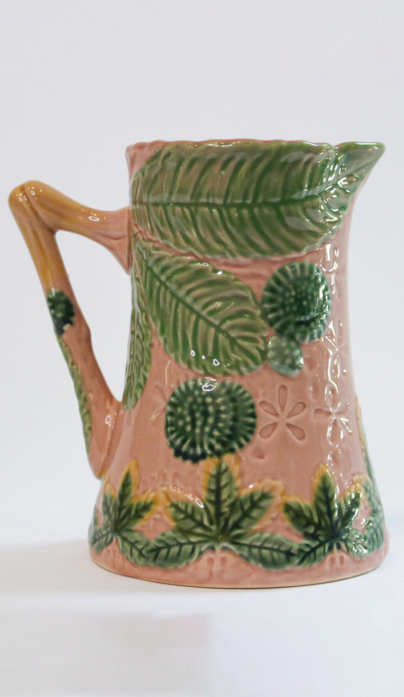 Majolica-Style Pink and Green Botanical Jug with Leaf Decoration