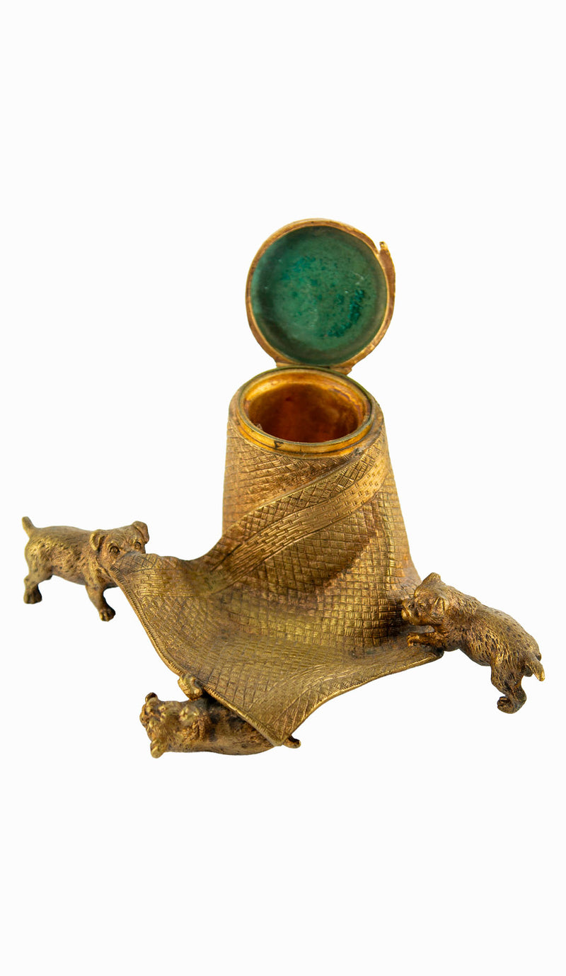 Tug of War: A Bronze Inkwell of Tugging Pugs on a Rug