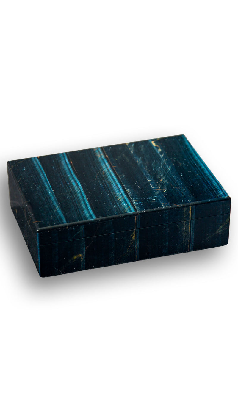 Polished Midnight Blue Falcon’s Eye Gemstone Box with Brass Hinged Lid – 6"