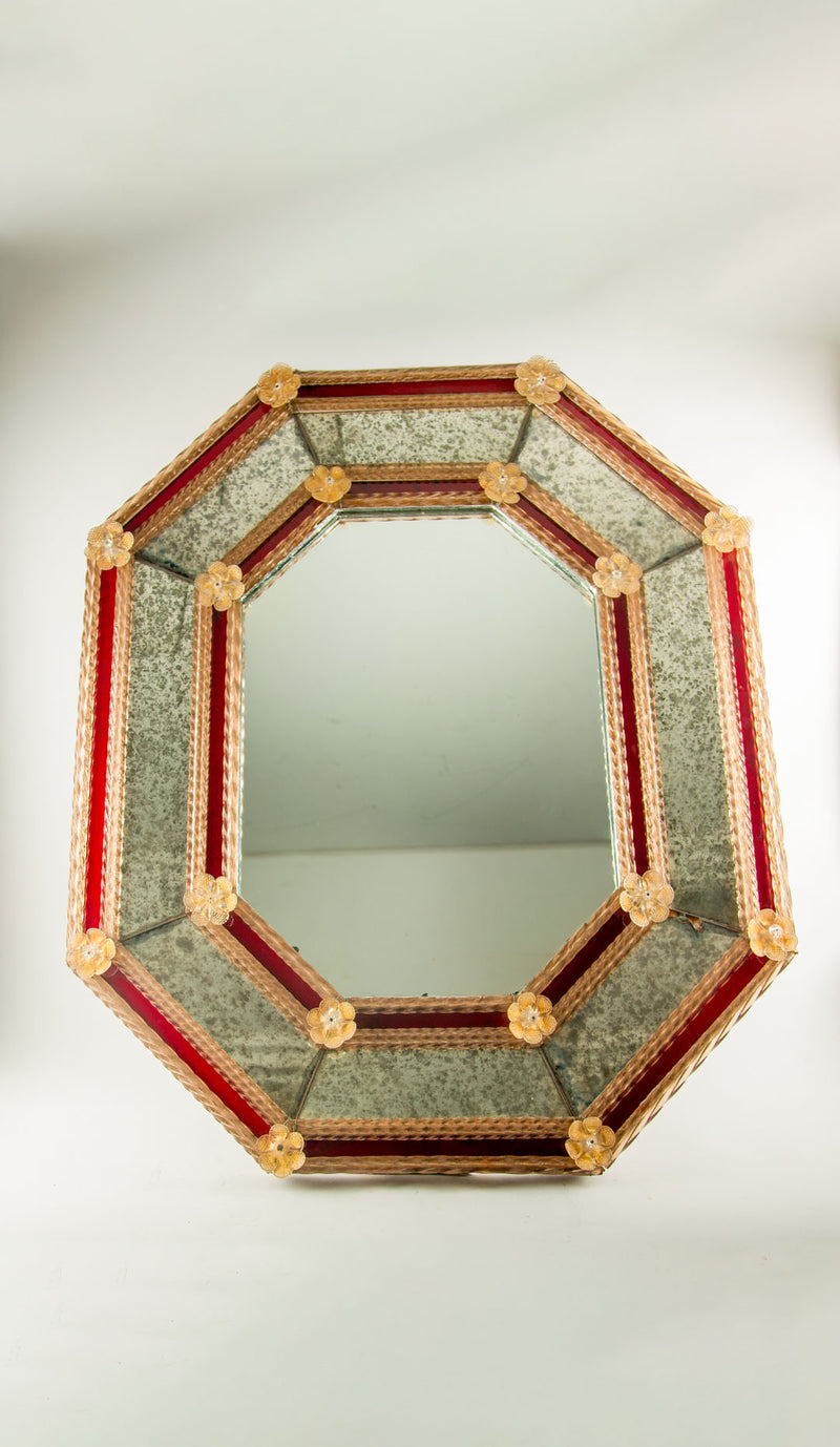 "Ruby Regatta" Venetian Octagonal Mirror with Murano Glass Rosettes