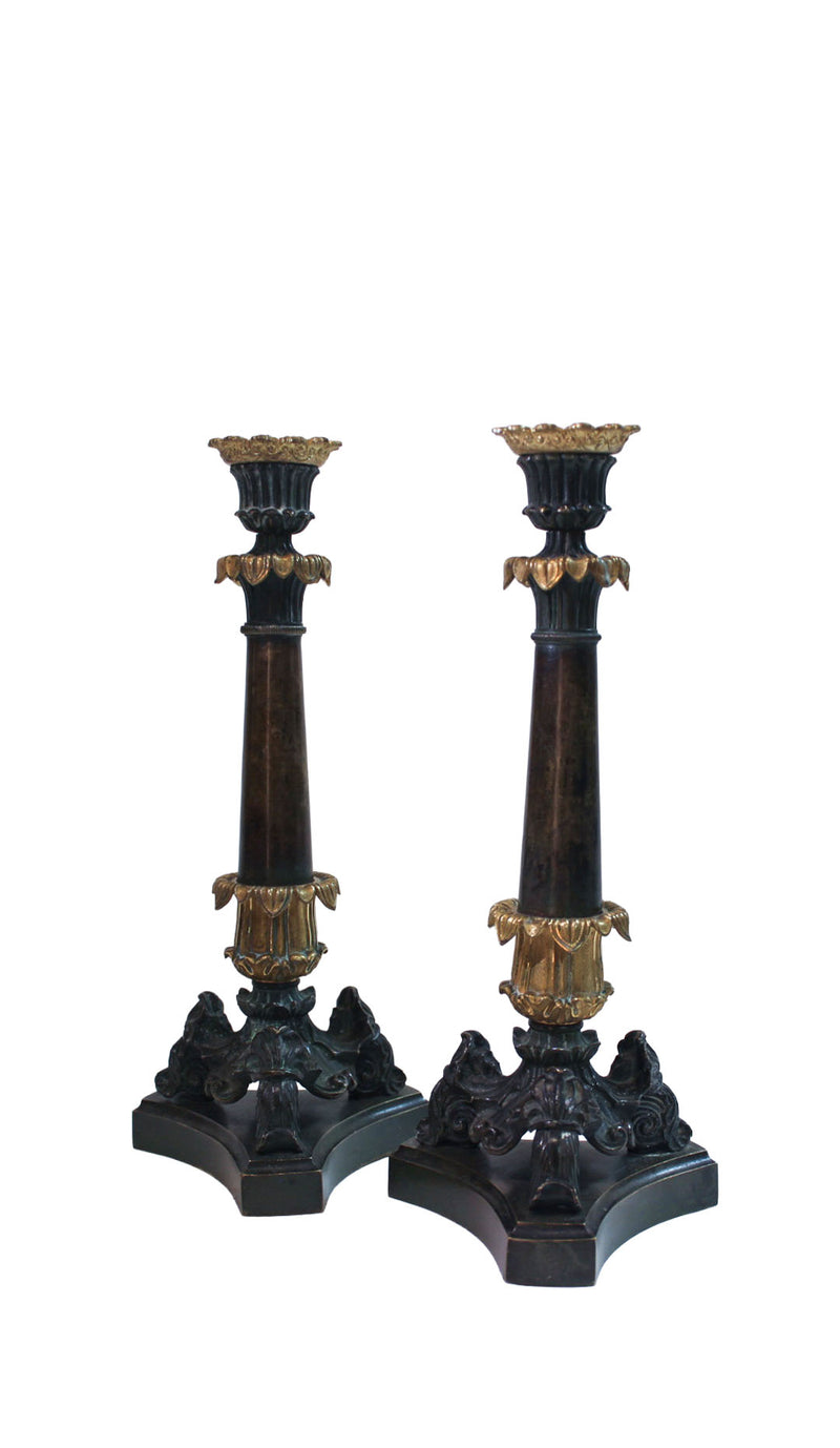 Napoleonic Elegance: A Pair of French Empire Bronze Candlesticks; 12" H