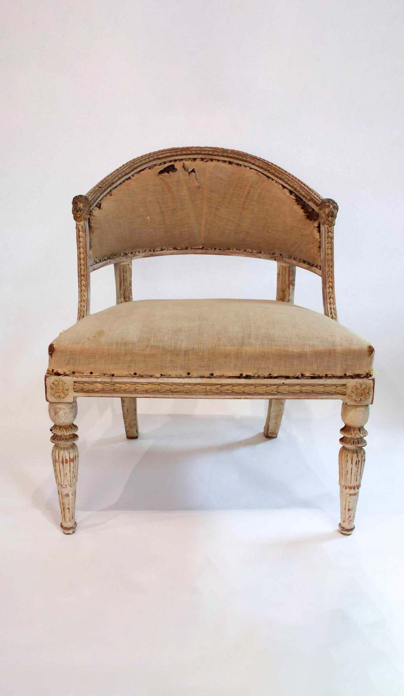 Swedish Gustavian Bergère with Carved Lion Head Finials and Fluted Legs