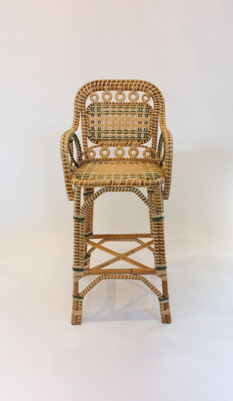 Creel and Gow Handcrafted Rattan Bar Stool with Green Accents