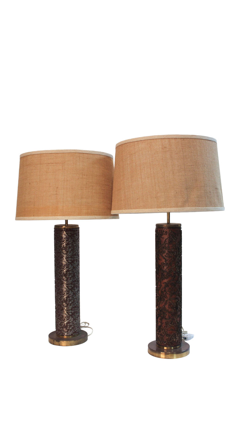 Pair of Vintage Embossed Metal and Wood Wallpaper Printing Roller Table Lamps