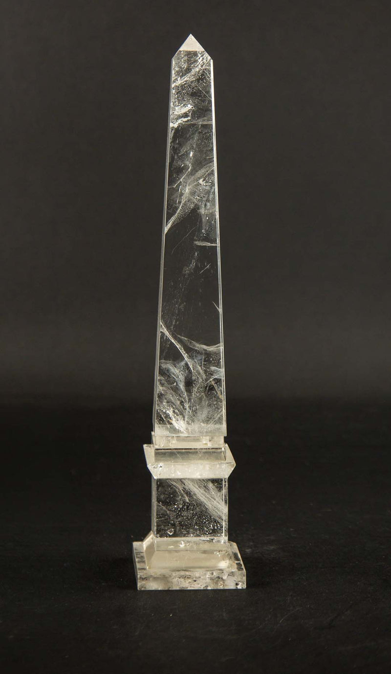 Hand-Carved Clear Rock Crystal Obelisk on Stepped Base, 12.5"