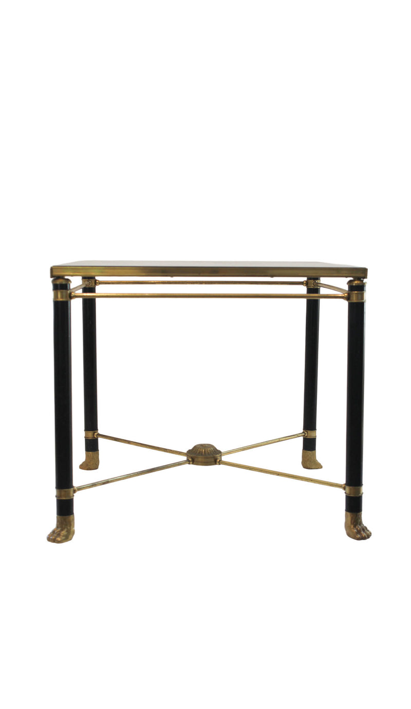 French Neoclassical Brass, Ebonized Metal and Glass End Table, Manner of Jensen