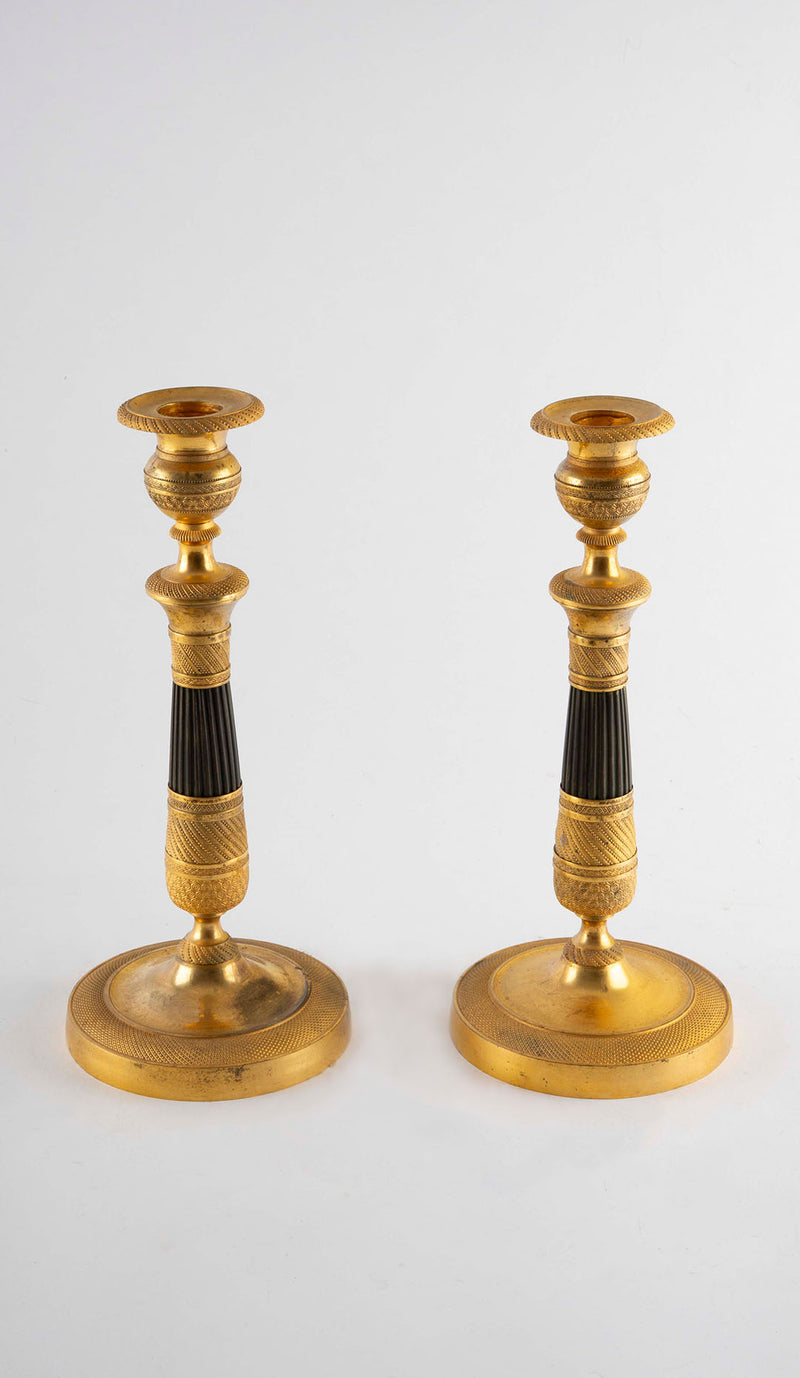 Pair of French Empire Gilt and Patinated Bronze Candlesticks, 19th C