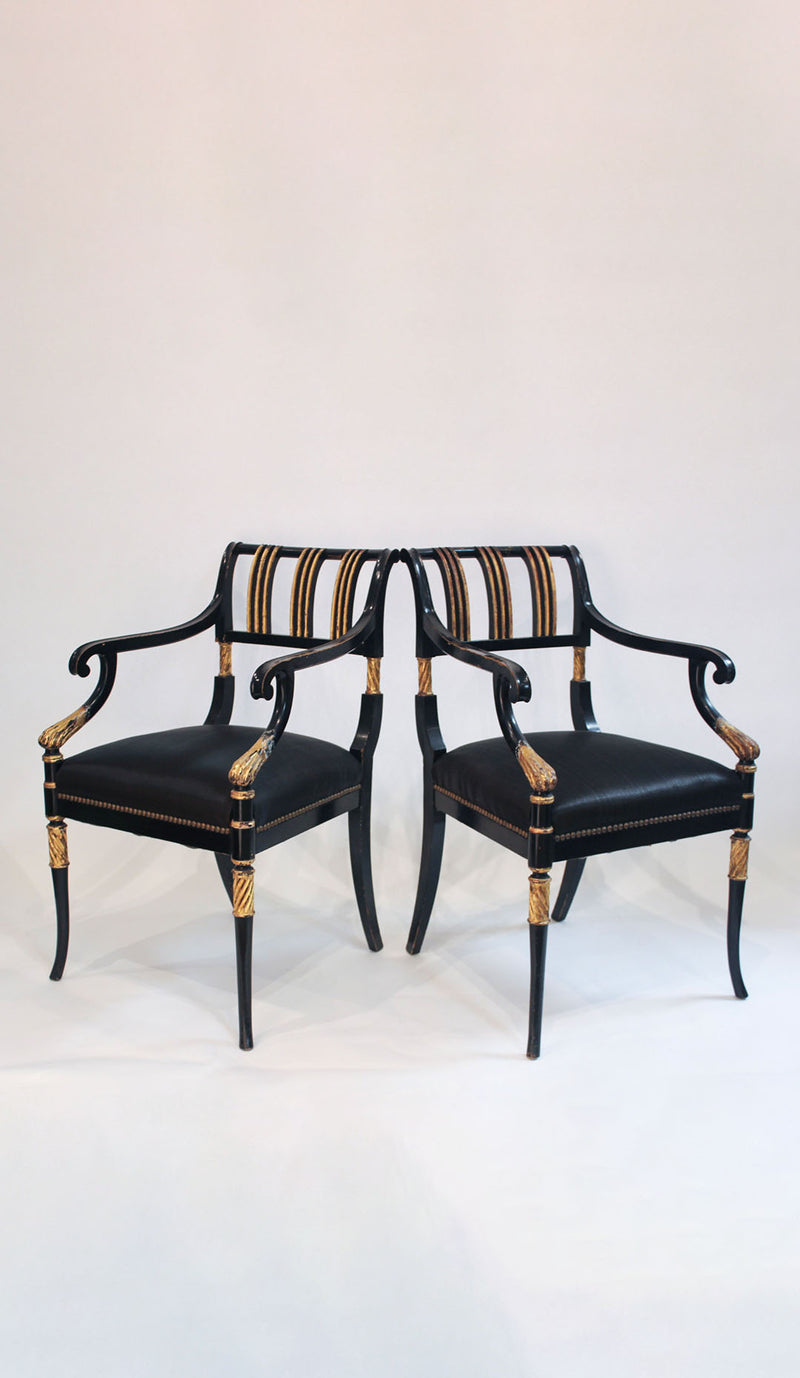 Pair of Regency Ebonized Armchairs with Parcel Gilt Decoration