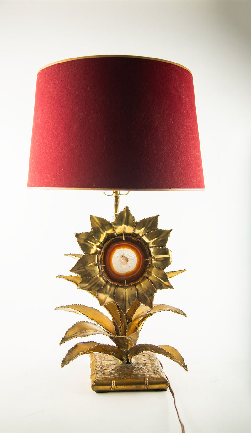 1970s P. Mas-Rossi French Brass Sunflower Table Lamp with Agate Center