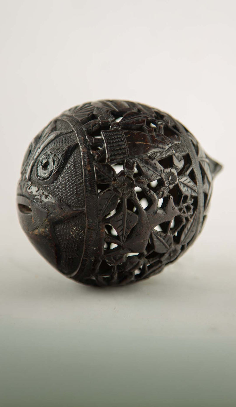 Early 19th C. French Colonial Carved Coconut Curiosity or Possible Money Box