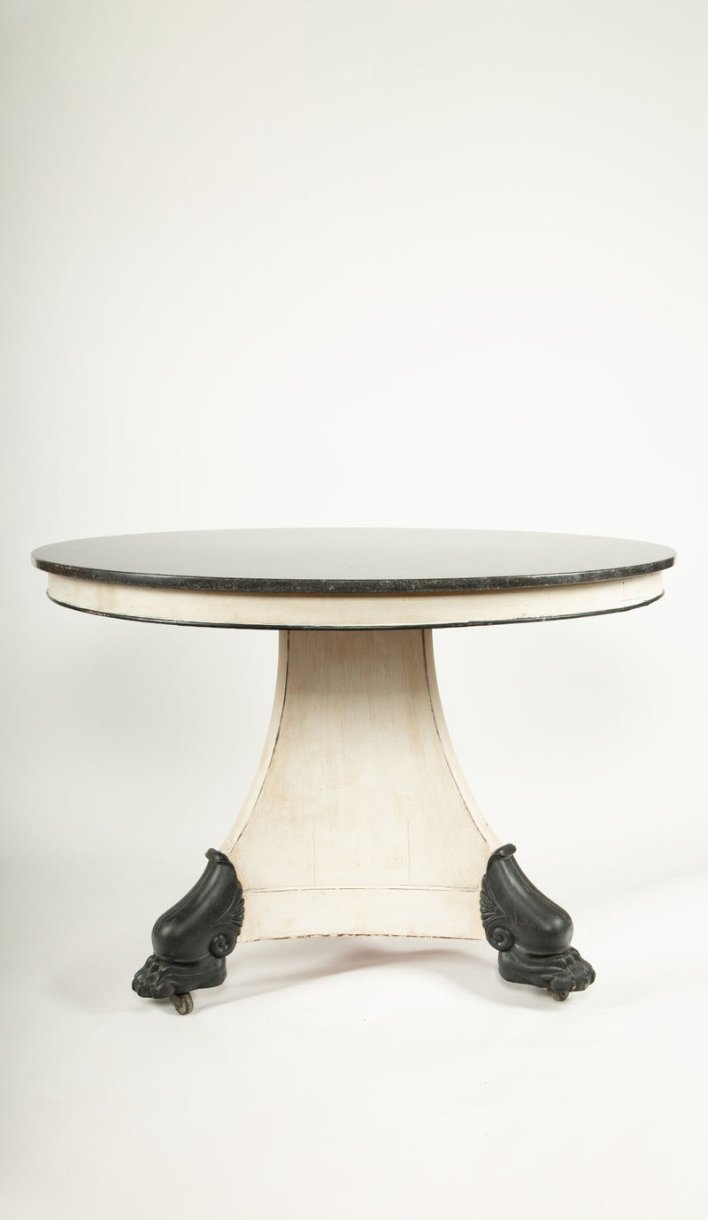 The Lion’s Foot Table: 19th C Center Table w/ Marble Top and Iron Lion Paw Feet