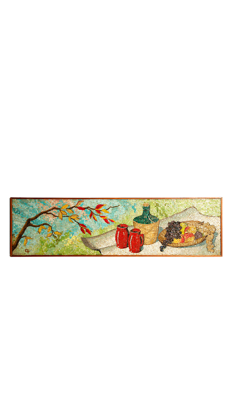 Decorative Still Life Colored Glass Panel with Fruit Bowl and Red Jugs. 20th C