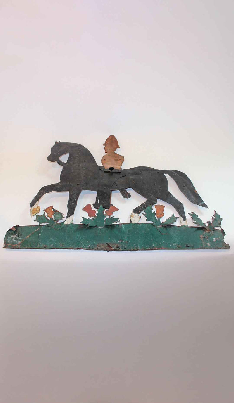 19th-C Folk Art Painted Sheet-Iron Horse and Rider Weathervane w Thistle decor