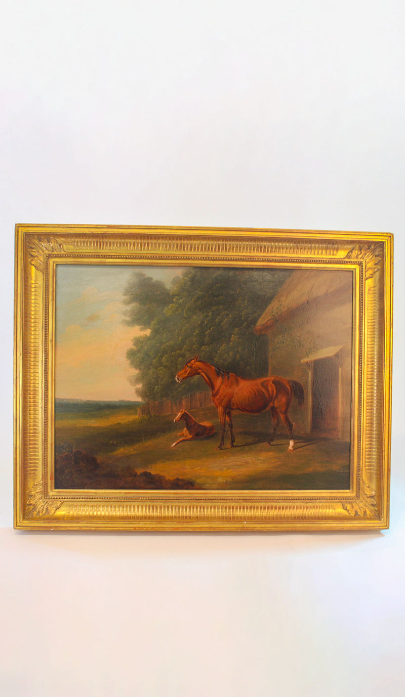 19th-C. British Equestrian Portrait of a Mare and Foal, Signed “J. F. Herring”