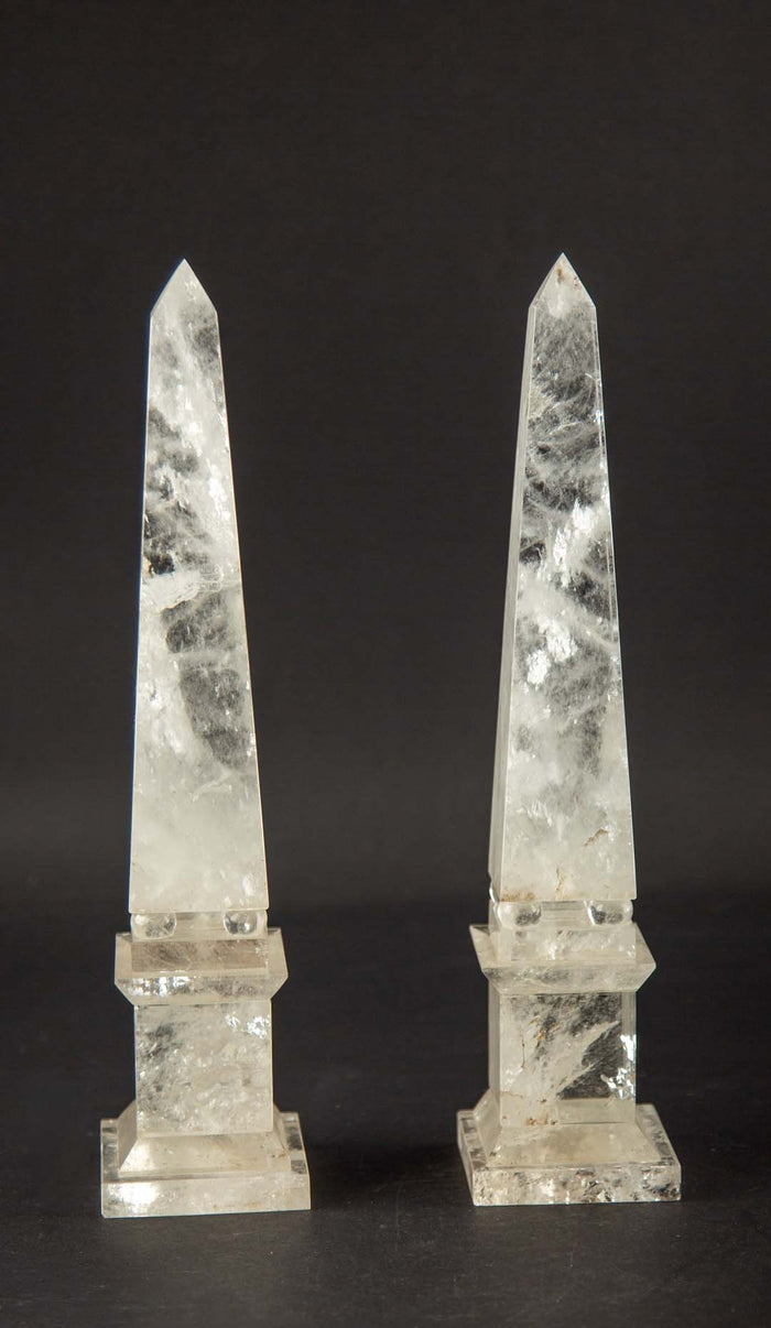 Pair of Hand-Carved Rock Crystal Obelisks on Stepped Bases, 12"