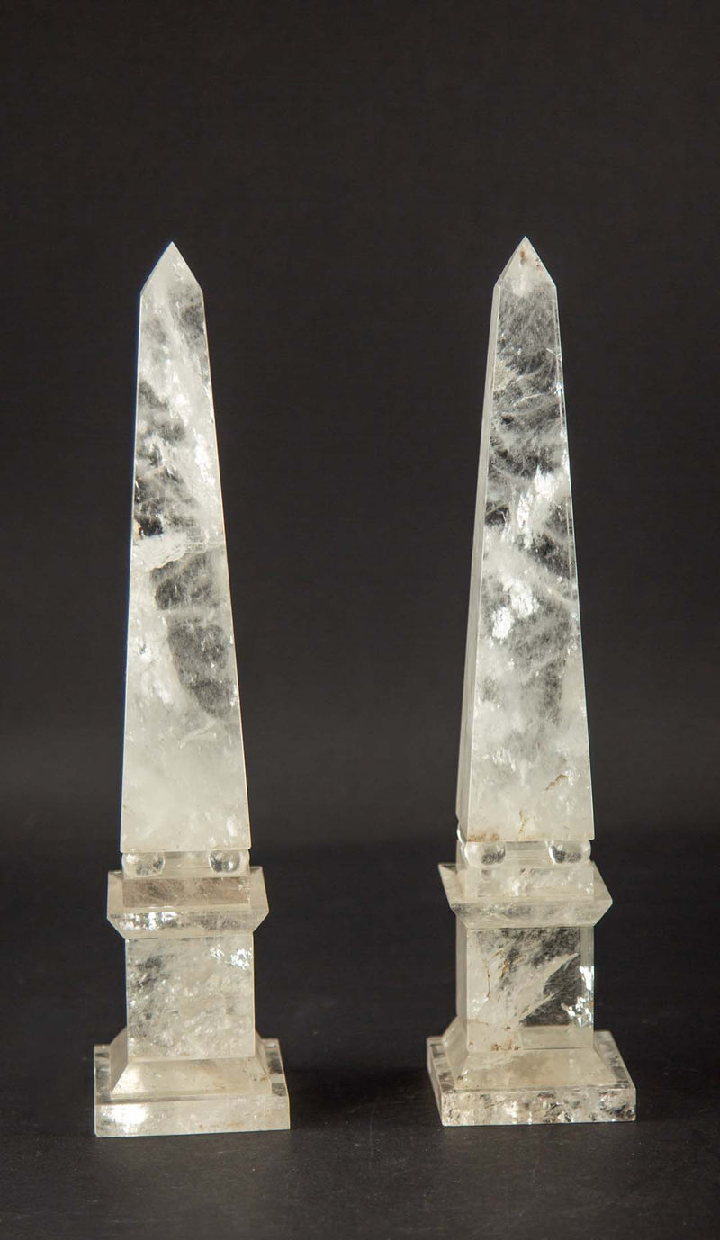 Pair of Hand-Carved Rock Crystal Obelisks on Stepped Bases, 12"