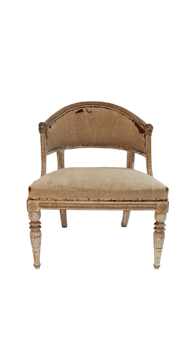 Swedish Gustavian Bergère with Carved Lion Head Finials and Fluted Legs