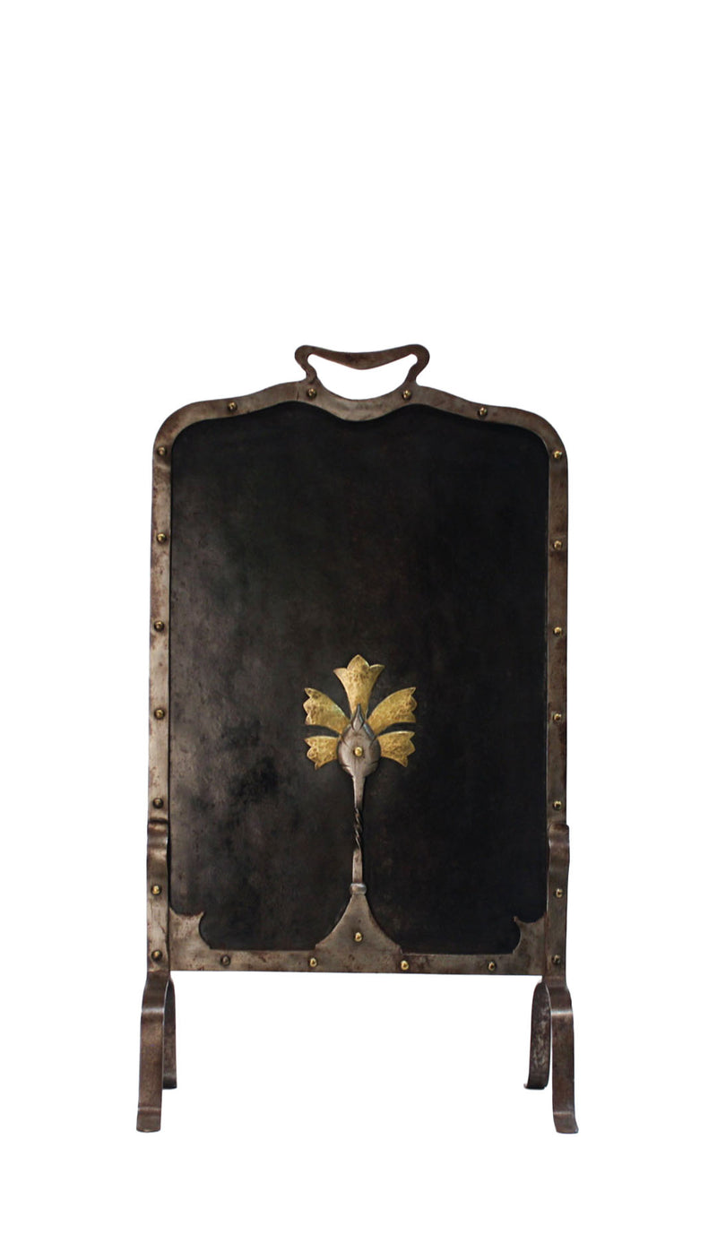 French Hand-Forged Wrought Iron and Brass Fire Screen, Early 20th Century