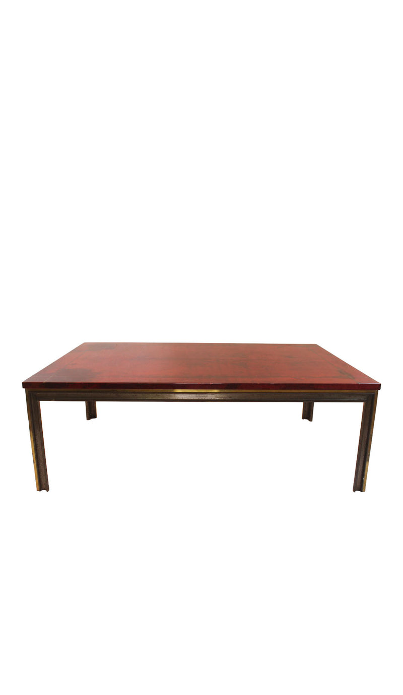 Aldo Tura Crimson Goatskin Parchment Coffee Table with Brass Inlay