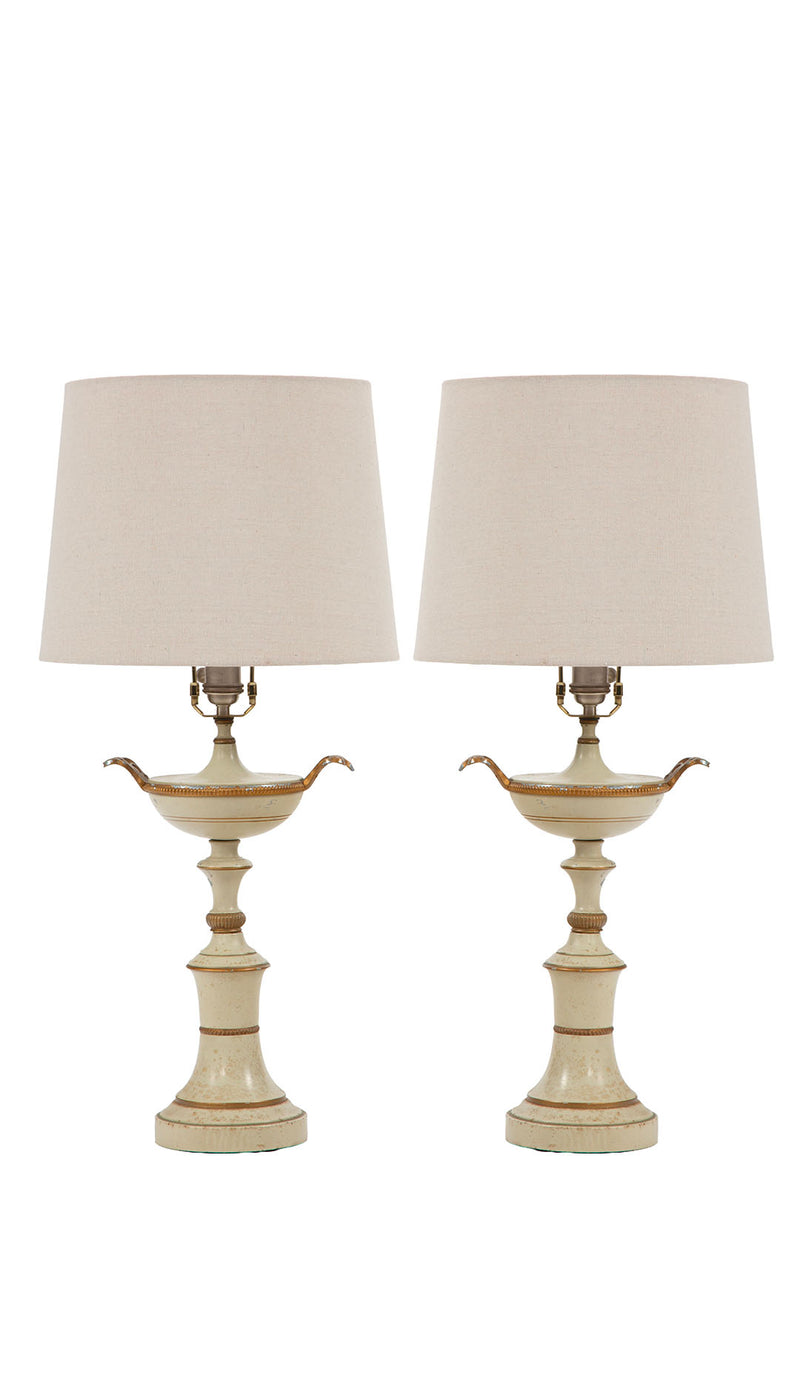 The Classical Glow: Pair of Mid Century Cream Tole Painted Kylix Shaped Lamps