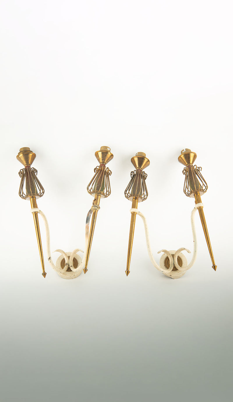 Pair of French Mid-Century Sculptural Brass and Ivory Wall Sconces, circa 1950