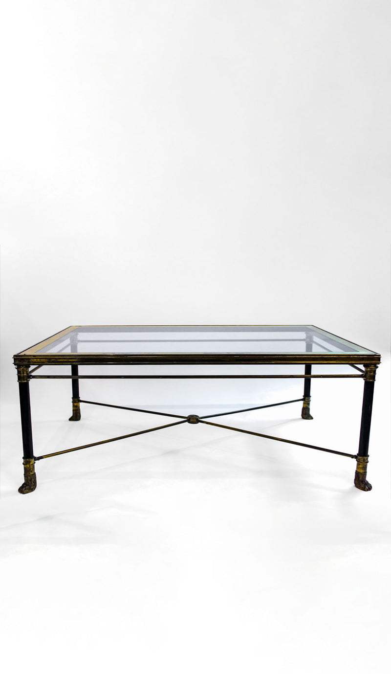 Mid-Century French Neoclassical Brass, Ebonized Metal and Glass Coffee Table
