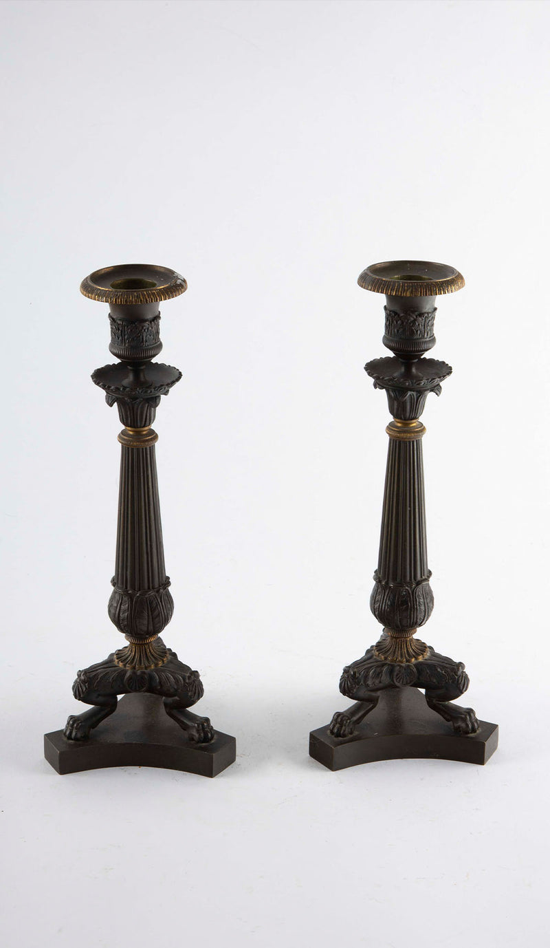 Pair of French Empire Revival Patinated and Gilt Bronze Candlesticks, 11.5" H
