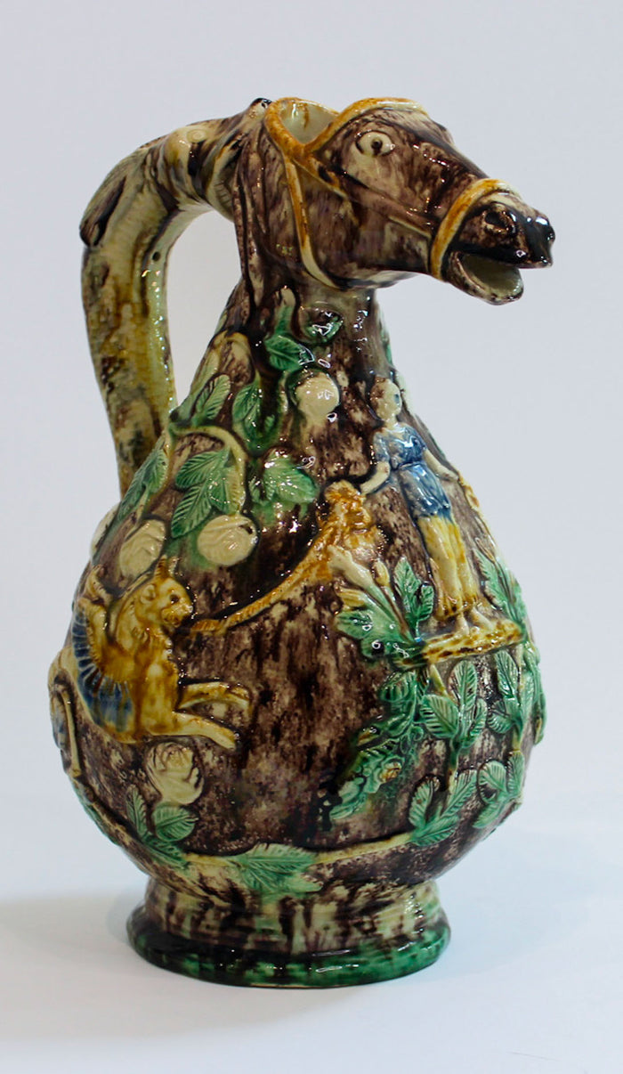 English Majolica Figural Pitcher with Horse-Head Spout and Fish Handle, 19th/20C