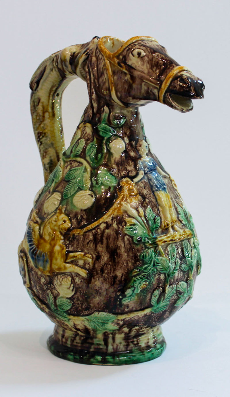 English Majolica Figural Pitcher with Horse-Head Spout and Fish Handle, 19th/20C