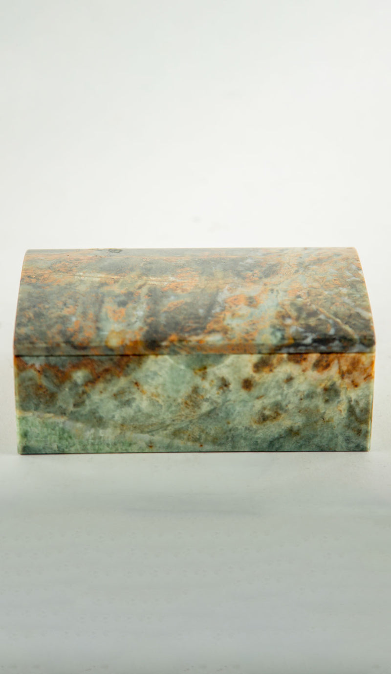 Polished Green Onyx Stone Box with Rust and Blue-Green Veining