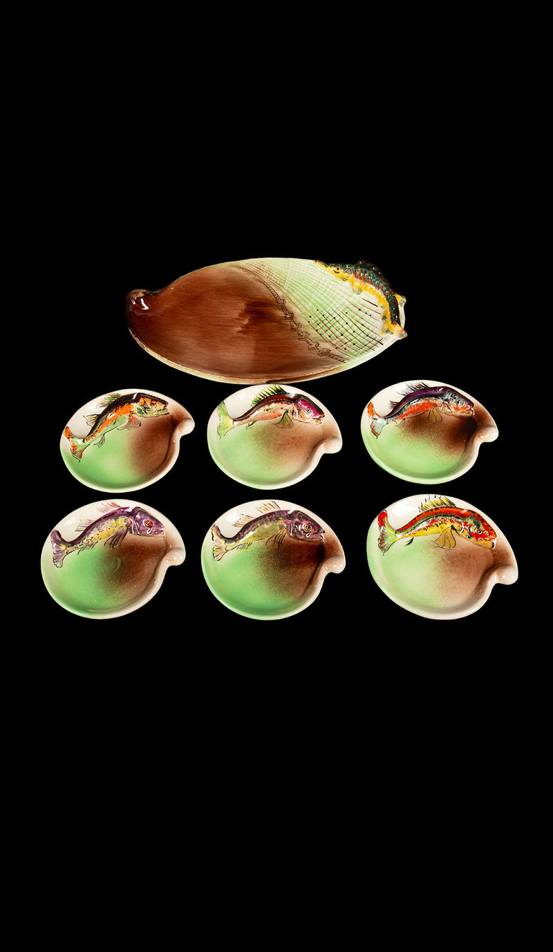 French Mid-Century Hand-Painted Fish Plate Set with Platter, Signed Vallauris