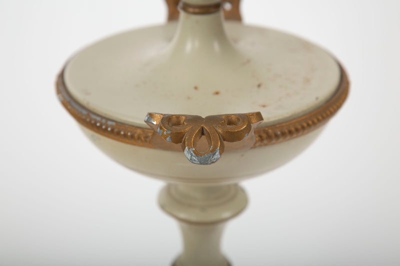 The Classical Glow: Pair of Mid Century Cream Tole Painted Kylix Shaped Lamps