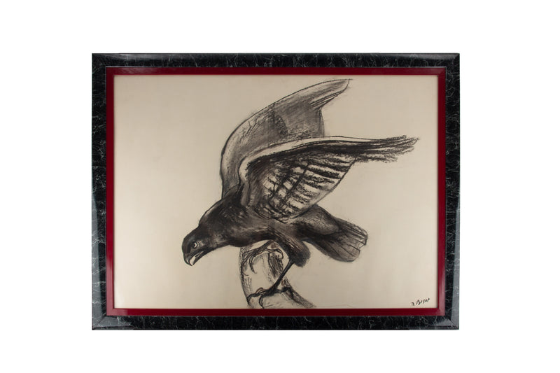 Raven in Motion: A 20th C. Charcoal Study Signed R. Bigot