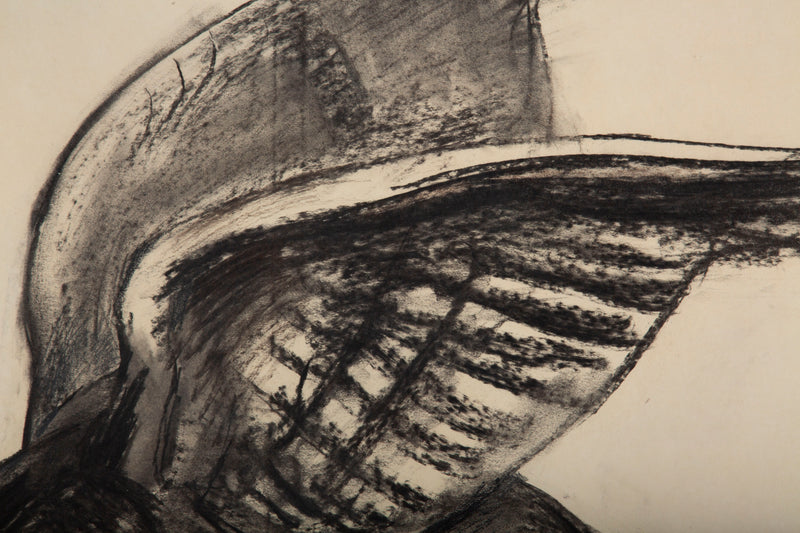 Raven in Motion: A 20th C. Charcoal Study Signed R. Bigot