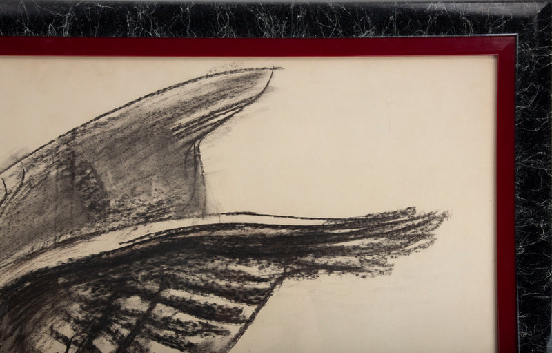 Raven in Motion: A 20th C. Charcoal Study Signed R. Bigot
