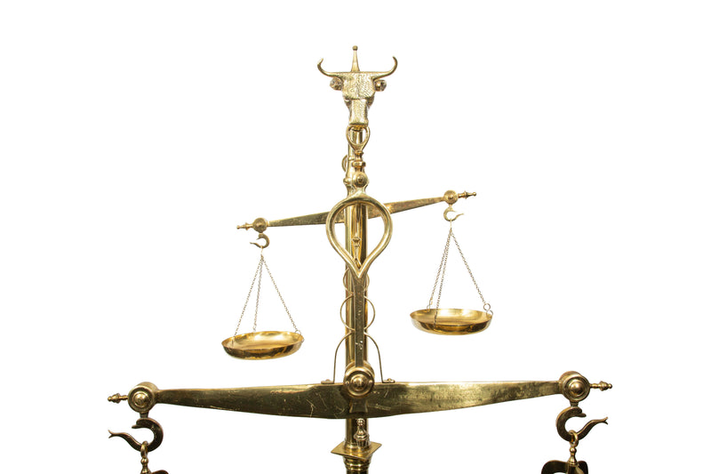Monumental 19th C. French Brass Butcher's Balance Scale with Bull Head Finial