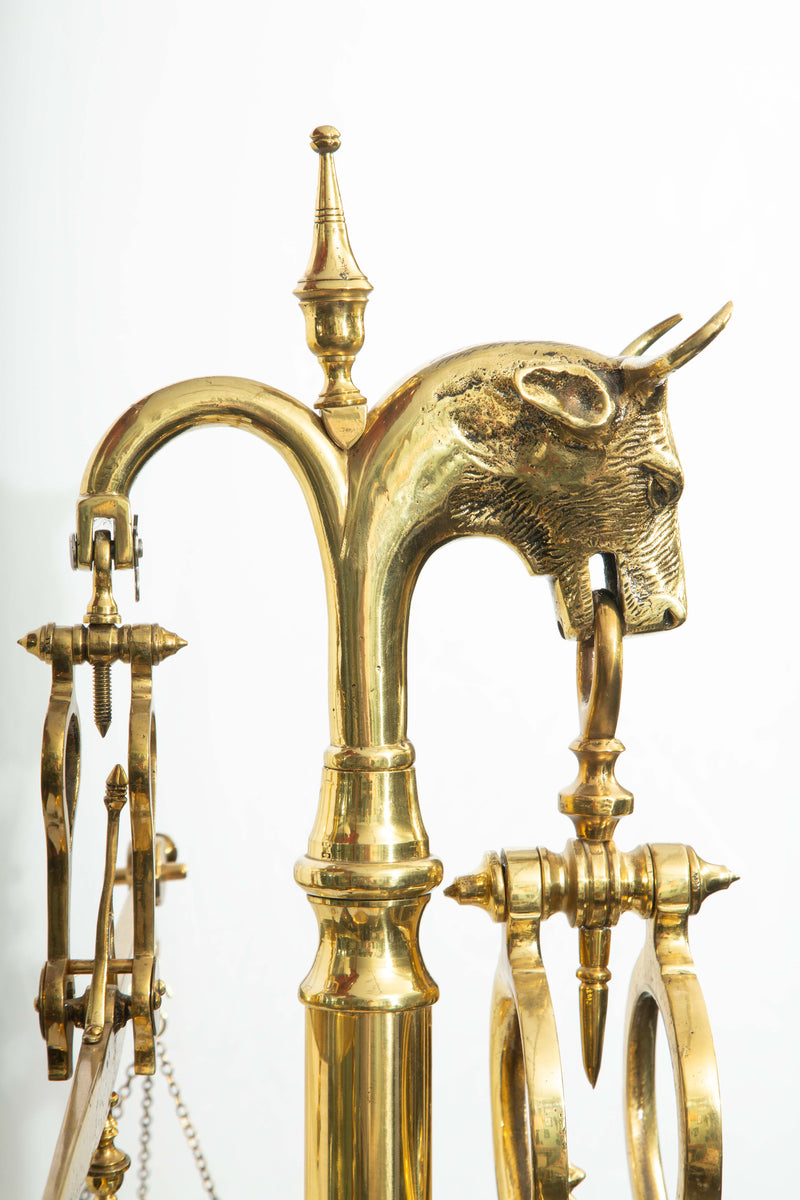Monumental 19th C. French Brass Butcher's Balance Scale with Bull Head Finial