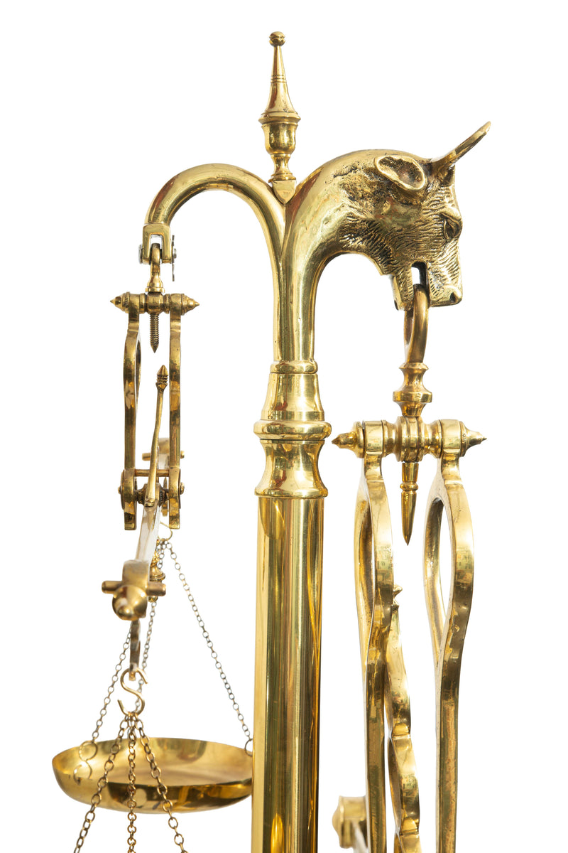 Monumental 19th C. French Brass Butcher's Balance Scale with Bull Head Finial