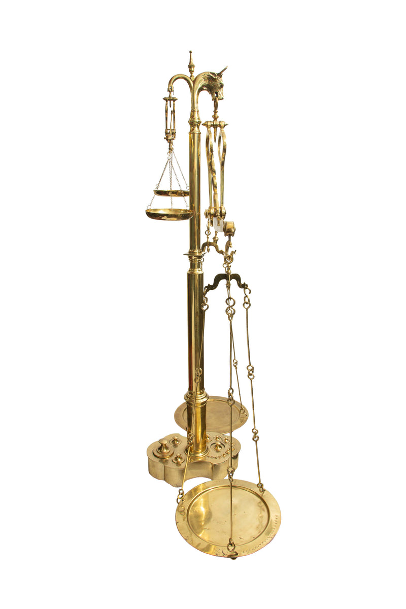 Monumental 19th C. French Brass Butcher's Balance Scale with Bull Head Finial