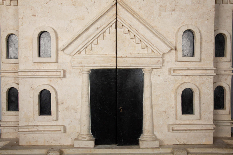 Monumental Fossil Stone and Black Marble Bar - Cabinet with Brass and Iron Base