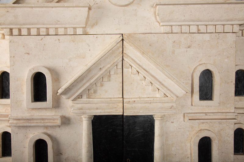 Monumental Fossil Stone and Black Marble Bar - Cabinet with Brass and Iron Base