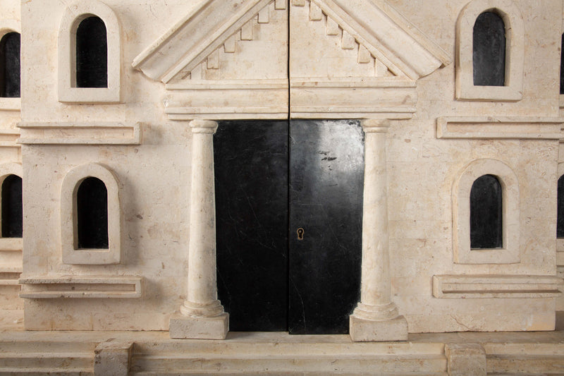 Monumental Fossil Stone and Black Marble Bar - Cabinet with Brass and Iron Base