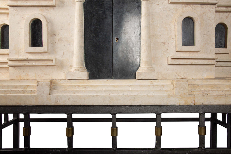 Monumental Fossil Stone and Black Marble Bar - Cabinet with Brass and Iron Base