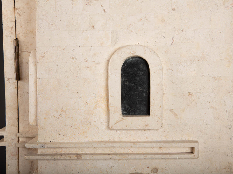 Monumental Fossil Stone and Black Marble Bar - Cabinet with Brass and Iron Base