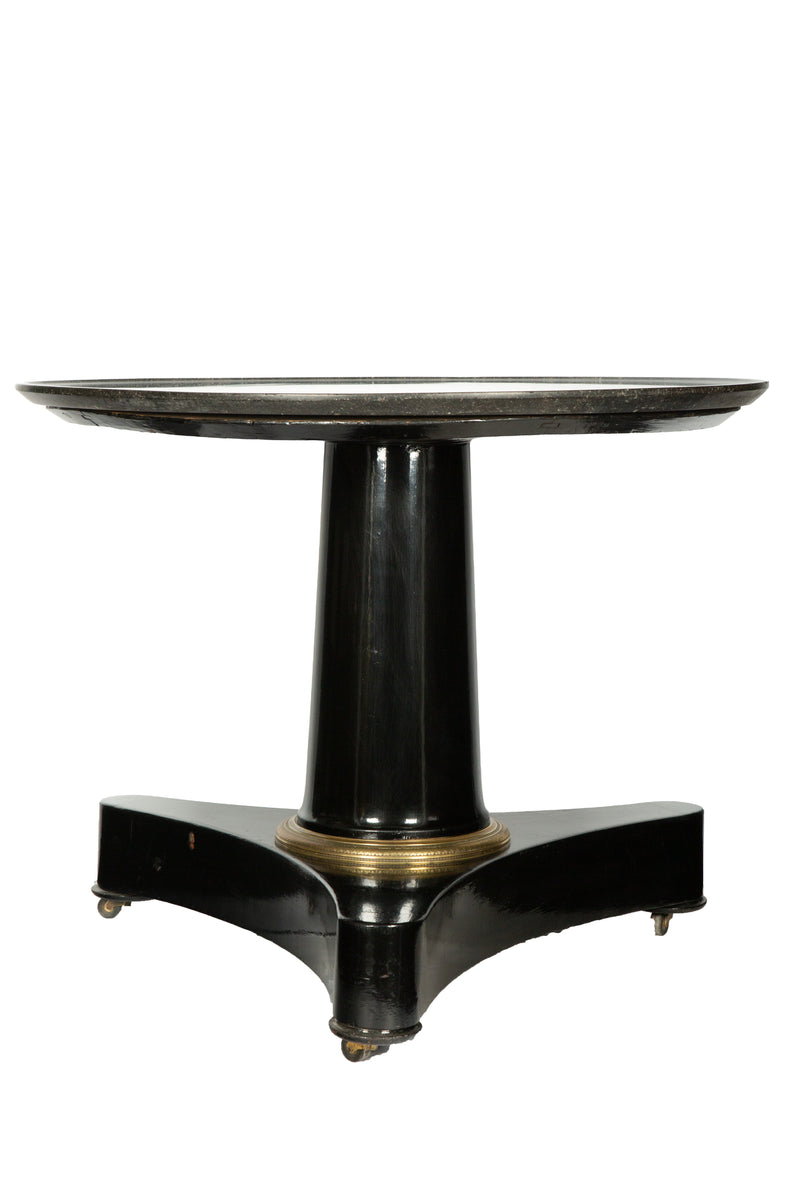 19th-C. Black Lacquer Pedestal Table w Fossil Stone Top and Gilt-Bronze Elements