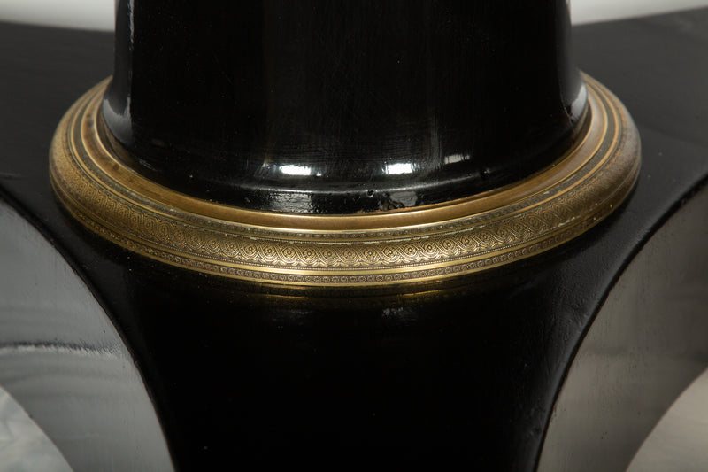 19th-C. Black Lacquer Pedestal Table w Fossil Stone Top and Gilt-Bronze Elements