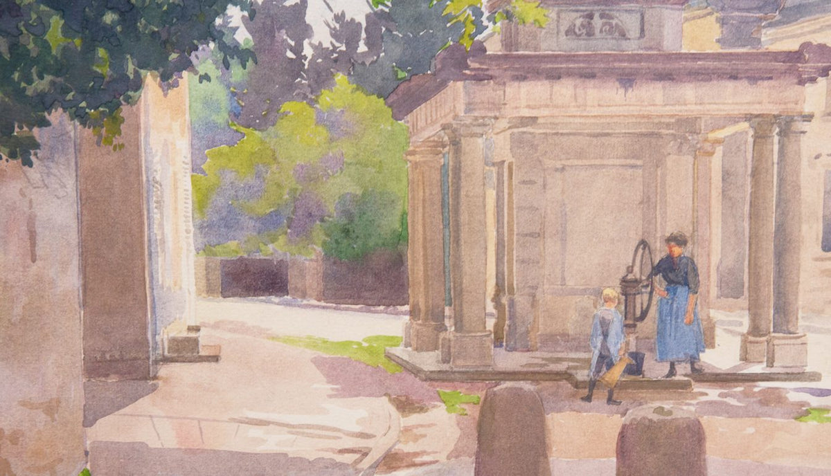 Paul Gregoire Watercolor of Adult and Child Collecting Water